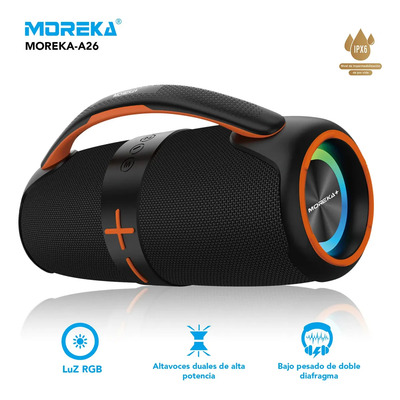 Bocina MOREKA A26 Portátil Bluetooth, Inalámbrico, Bajos potentes de hasta 50W, 30 Horas De Reproducción, Impermeable IPX6, Flotante, Batería de 4800 mAh, funciona como batería portátil Negro | Meses sin interés