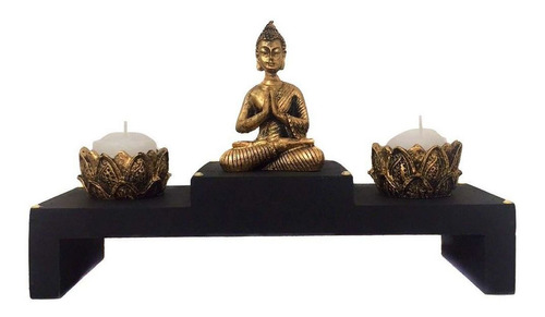 Altar Mdf Com Castiçal De Estátua De Buda Paz Dourado 17cm