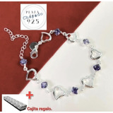 Pulsera Mujer Con Circones Purpura Y Corazón,plata Ley 925