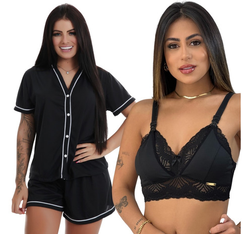 Kit Pijama Botao Amamentação Mae  + Sutiã Gestante Renda 