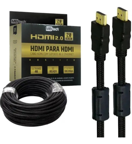 Cabo Hdmi 20 Metros 4k 2.0 Blindado Filtro Pino Banhado Ouro