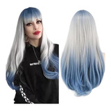 Peluca Azul Y Gris Platinado Larga Con Fleco Y Cabello Liso