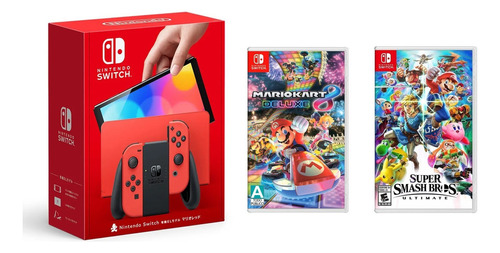 Nintendoswitch Oled 64gb+juegos Mariokart8 Y Supersmashbros Color Rojo