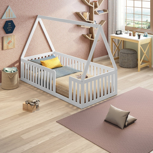 Cama Montessoriana Solteiro Em Mdf E Madeira Com Grade Cc