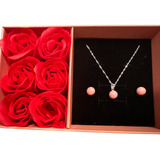 Regalo Mujer Set Conjunto Collar Y Aros Perla Cn Rosas Madre