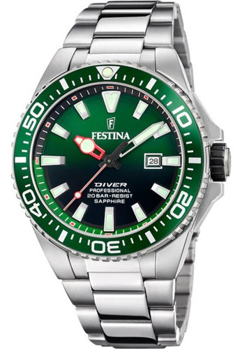 Reloj Festina  F20663.2 Hombre The Originals/diver  Verde Color De La Malla Plateado Color Del Bisel Negro