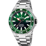 Reloj Festina Hombre Diver F20663/2 Cristal Zafiro Malla Plateado Bisel Negro Fondo Verde