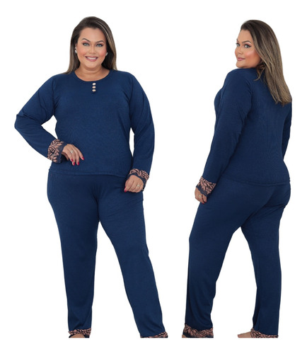 Pijamas Inverno Frio Feminino Plus Size Canelado Luxo  Top