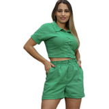 Conjunto De Linho Feminino Cropped Shorts C/ Botões Verão24 