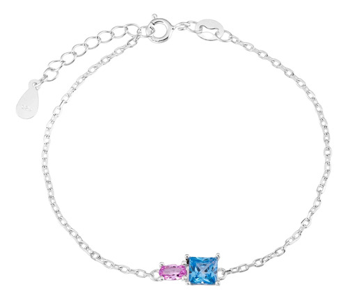 Pulseira De Prata Zircônias Azul E Rosa