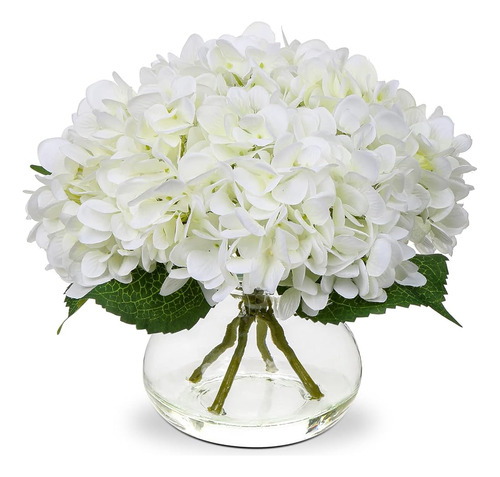 Hortensia Flores Artificiales Con Jarrón Seda Blanca Arreglo