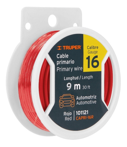 Cable Primario Calibre 16 Rollo 9 M Rojo Truper 101121