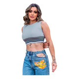 Blusinha Cropped Listrada Tricot Feminina Gola Redonda