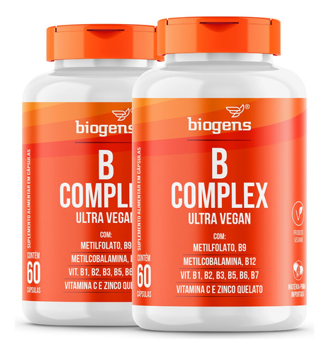 Kit 2x Complexo B Vegano 60cps, Até 500% Idr, Biogens, Full