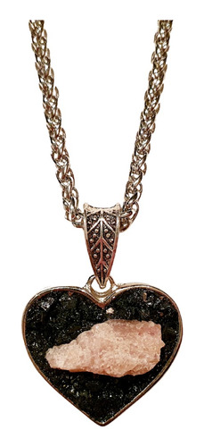 Collar Corazón Turmalina Negra Y Rosa Con Cadena De Acero