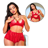 Kit Lingerie 3 Em 1 Renda Calcinha Fio Sutiã Sem Bojo E Saia