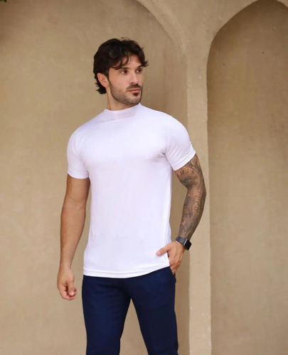 Camisa Canelada Meia Gola Alta Slim Estilosa Elegante Homem