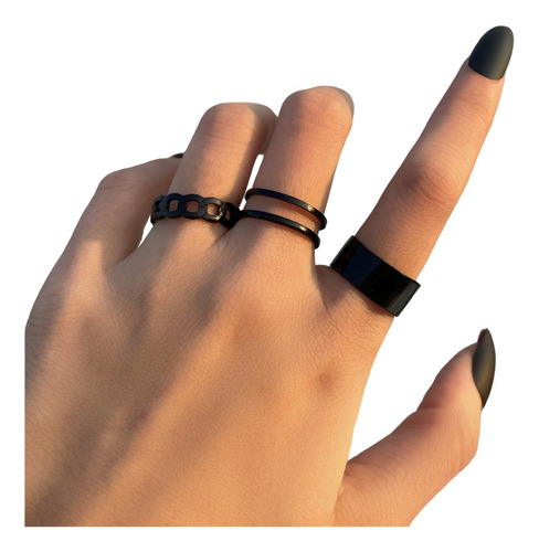 Set 3 Anillos Mujer Minimalista Negro Ajustable