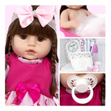 Boneca Estilo Reborn 52cm Baby Grande Vestido Rosa + Enxoval