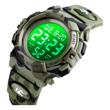 Reloj Niños Deportivo Led Contra Agua Camuflaje Militar Nado Color De La Correa Verde Oscuro