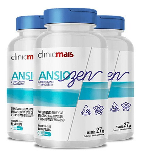 Kit 3 Ansiozen Triptofano & Magnésio Clinicmais 60 Cápsulas Sabor Sem Sabor