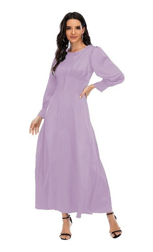 Maxi Vestido Mujer Elegante Color Sólido Satén Manga Larga