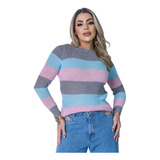 Blusa De Frio Tricot Listrada Cores Gola Canoa Inverno