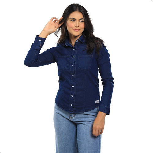 Camisa Jeans Feminina Casual Manga Longa Slim Fit Bamborra