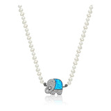 Colar Choker Com Pingente Elefante/opala Azul Folheada A Ród