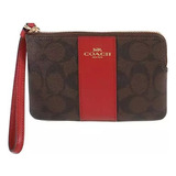 Cartera Monedero Tipo Wrislet Marca Coach Para Dama Color Marrón Signature Detalle Rojo 58035