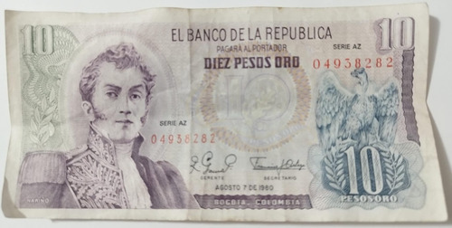 Billete De Colección De 10 Pesos Colombianos Oro Modelo Az