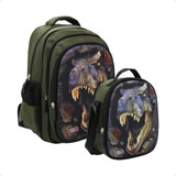 Kit Mochila Escolar + Lunchera Juego Dinosaurio Primaria 3d