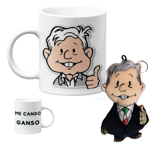 Taza Amlo Me Canso Ganzo Andrés Manuel + Llavero De Peluche 