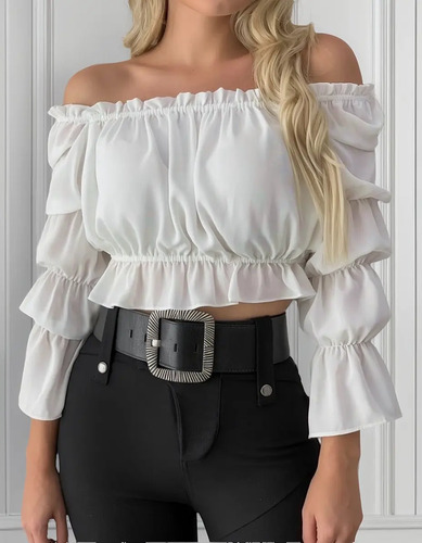 Blusa Crop Top Campesina Manga Con Holanes Sexy Para Dama