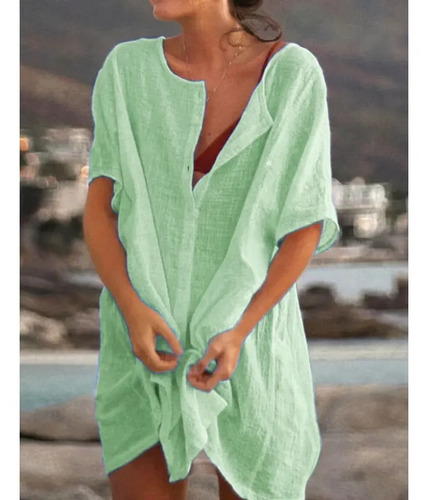 Blusa Lisa De Algodón Y Lino Con Botones Simples Para Mujer