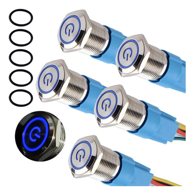5 Push Button Metálico Iluminado 16mm 12v-24v Con Reinicio