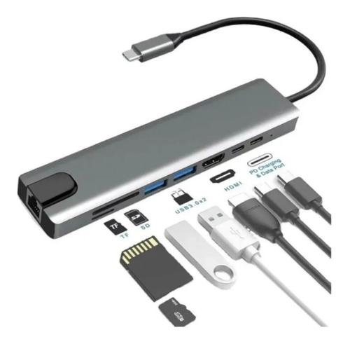 Adaptador Tipo C 8 En 1 Hub Usb 3.0 Hdmi 4k Multipuerto