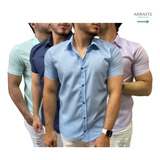 Kit 4 Camisa Social Masculina Manga Curta Slim Fit Algodão