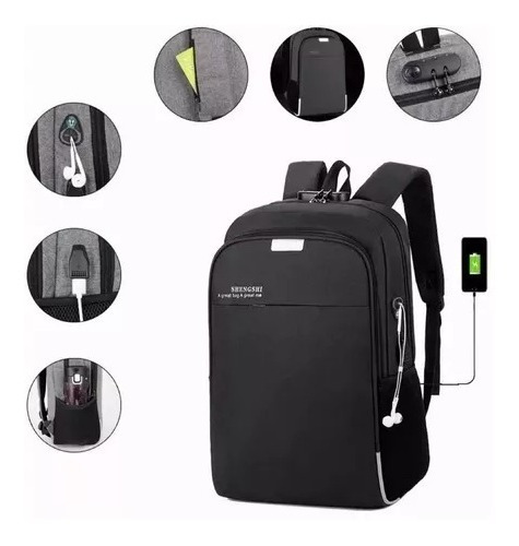 Mochila Anti Furto Cadeado Notebook Saida Cabo Usb Fone