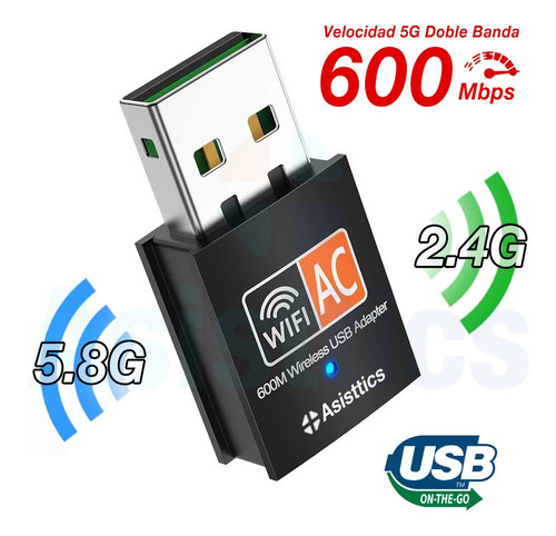 Adaptador Wifi Usb 5g Tarjeta Red Pc Ac 600 Doble Banda Nocd