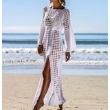 Vestido Saída Praia Crochê Longo Manga Flare Fenda Tricô  