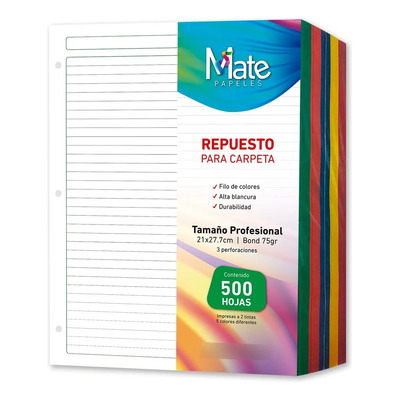 Mate | Hojas Para Carpeta | Carta | 500 Hojas | Filo Colores | Raya | MercadoLibre