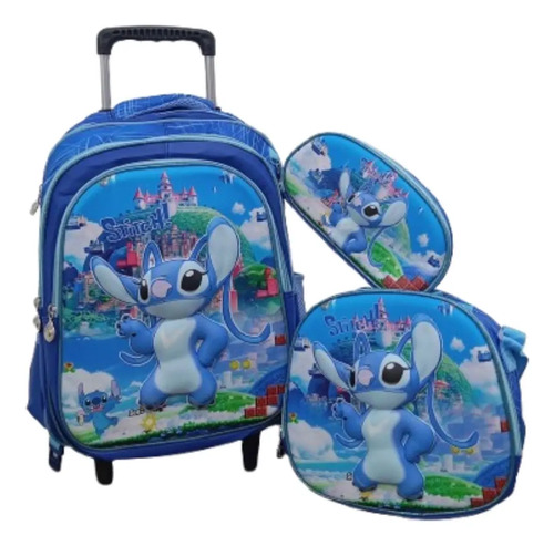 Kit Mochila Stitch Com Rodinhas Lancheira Térmica Estojo