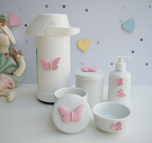 Kit Higiene Porcelana Rosa Bebê Potes Gel Térmica Menina 
