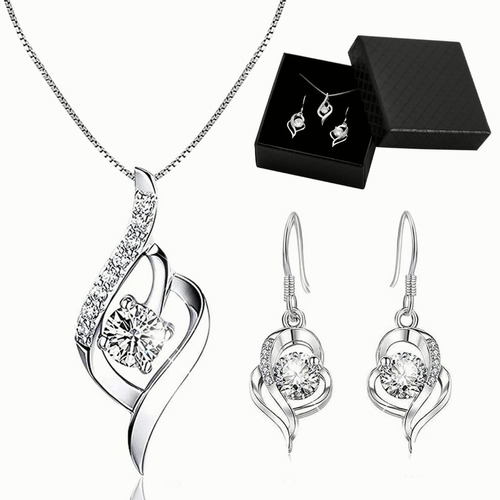 Juego Collar Y Aretes Mujer De Plata 925 Corazón Con Cristal