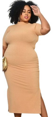 Vestido Midi Canelado Gola Alta Plus Size