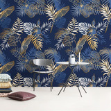 Vinil Decorativo Flores Hojas Elegantes Tapiz Wallpaper Color Azul Petróleo