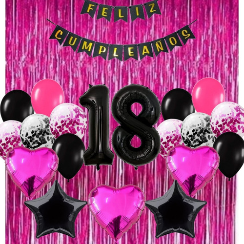 Combo Deco Globos Fucsia Y Negro+2cortina+numeros 70cm