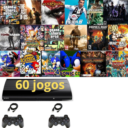  Ps3 Super Slim 250gb + 2 Controles + Gta 5 + Fifa 19 + The Last Of Us + 60 Jogos Playstation 3