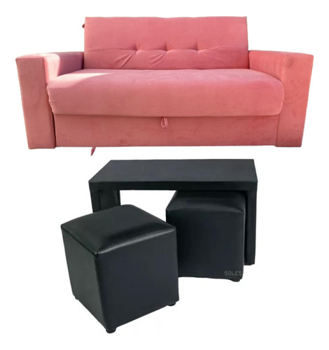 Combo Sofa Cama + Mesa Puente Con Dos Puff En Tela 